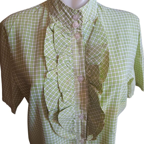 Large Vintage Green Plaid Short-Sleeve Ruffle Blouse Top With High Collar 1970's - Picture 1 of 7